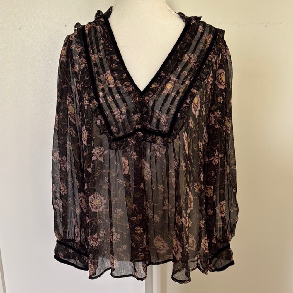 Zara Sheer Black Floral V-Neck babydoll boho Blouse